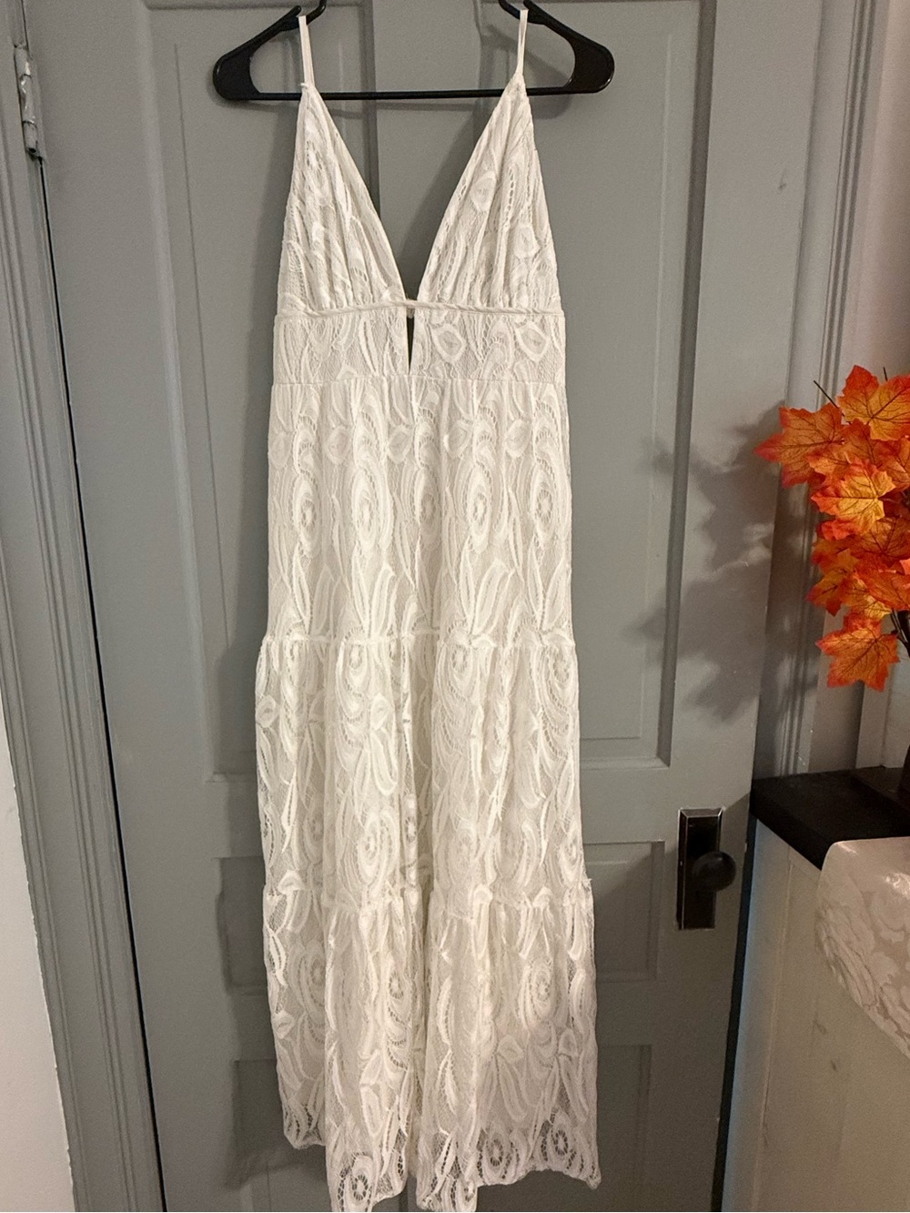 White Lace V-Neck Tiered Maxi Dress - Women